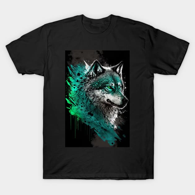 Cool Wolf portrait with green glow T-Shirt by KoolArtDistrict